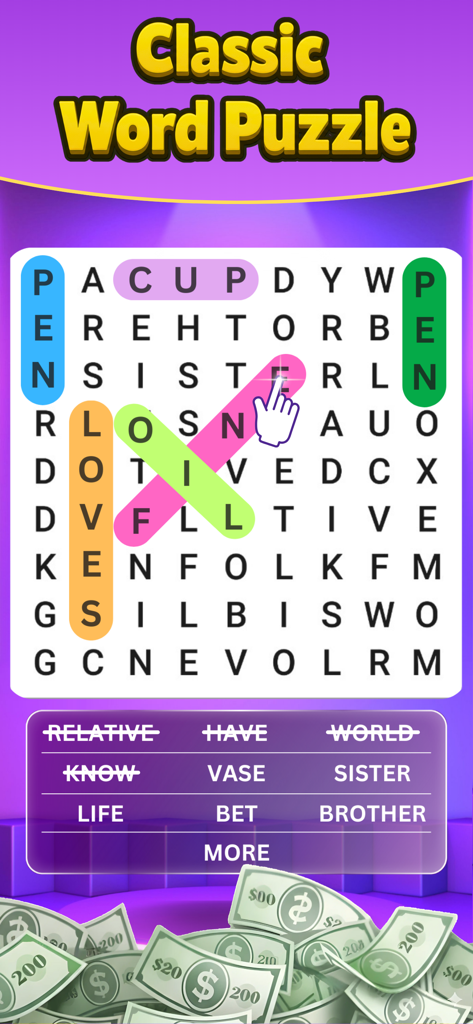 Gameplay of a classic word search puzzle with highlighted words and dollar bills at the bottom
