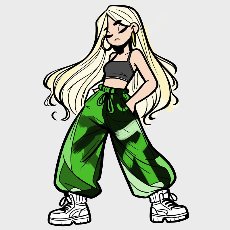 girl in baggy pants crop top and long hair