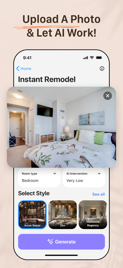 AI Remodelアプリのインターフェース。寝室の写真と、即座のメイクオーバーのためのさまざまなインテリアデザインスタイルのオプションが表示されています。