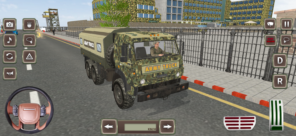 Army Truck Driving Cargo Games - Jugabilidad en 3D de un camión del ejército camuflado conduciendo por una carretera de la ciudad con controles en pantalla