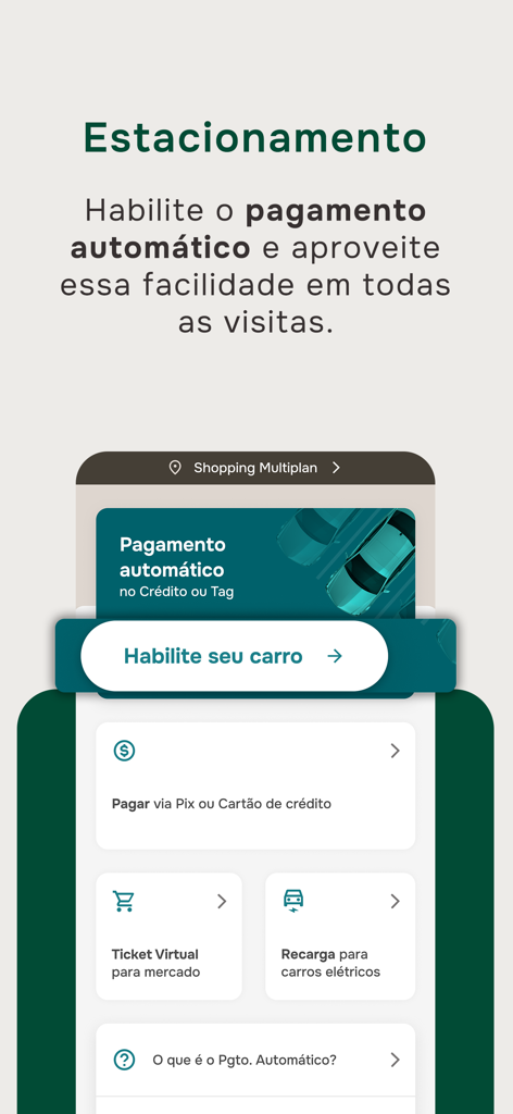Multi-App-Oberfläche mit Optionen für automatische Parkgebührenzahlung und Ladestationen für Elektroautos