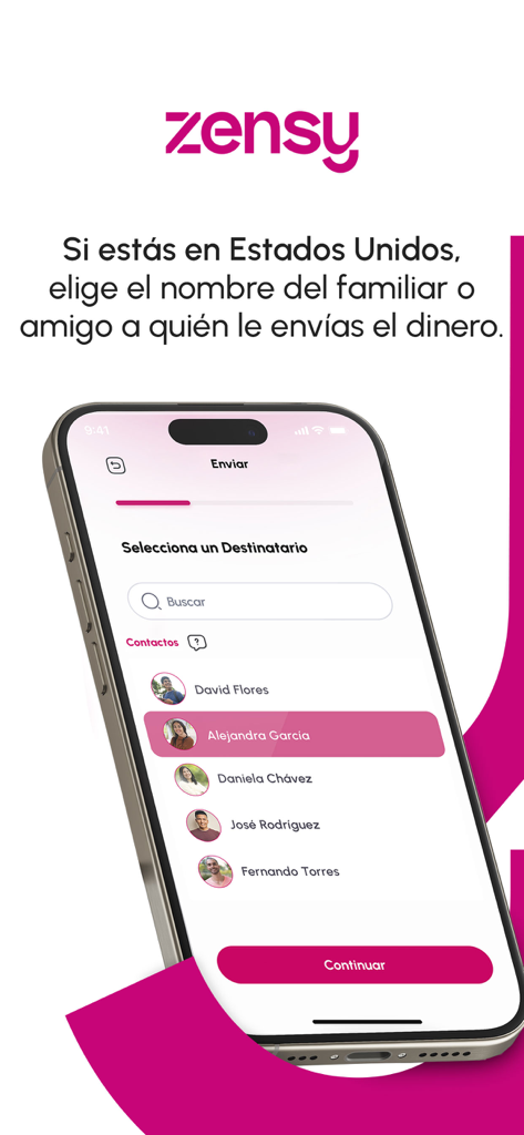 Zensy - Zensy app interface showing the contact selection screen for sending money from the US to Bolivia