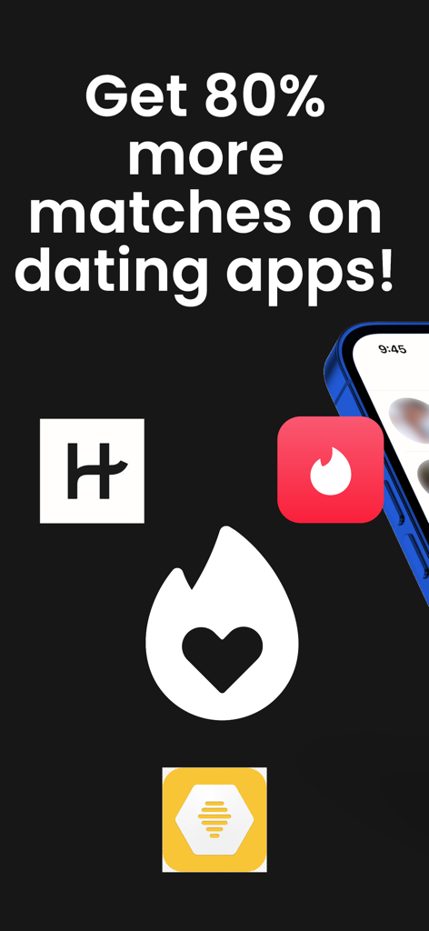 Hitch: Dating Profile Reviewer - Promotional screen for Hitch dating app featuring popular dating app icons and text claiming to increase matches by 80 percent