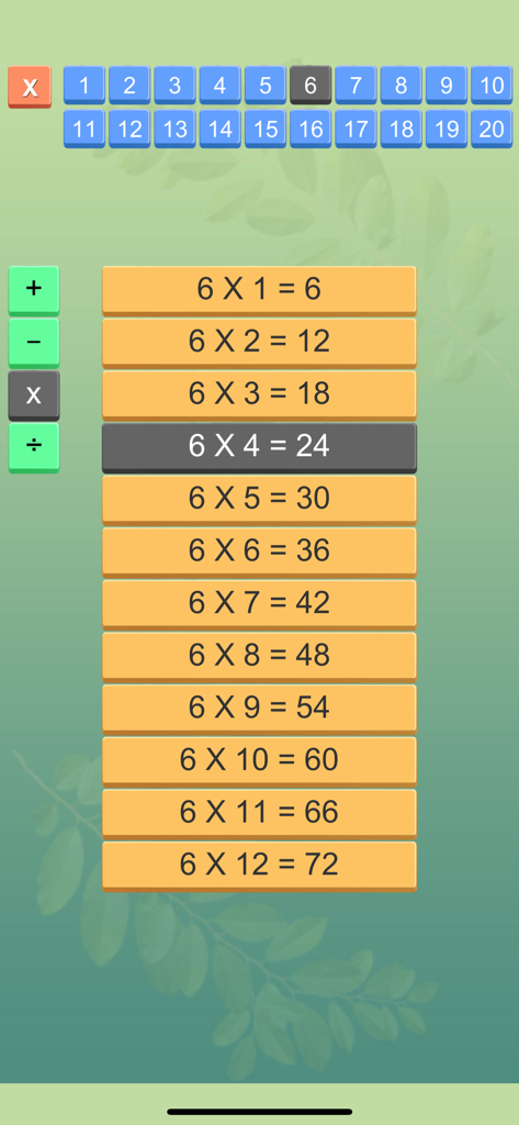 Math Tables with Quiz - A screen displaying the multiplication table for number six in the Math Tables with Quiz app