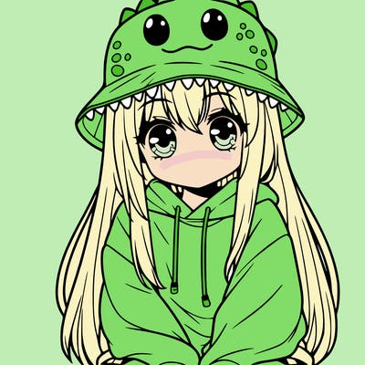girl with anime shaped eyes with a dinosaur bucket hat oversized sweatshirt long straight hair