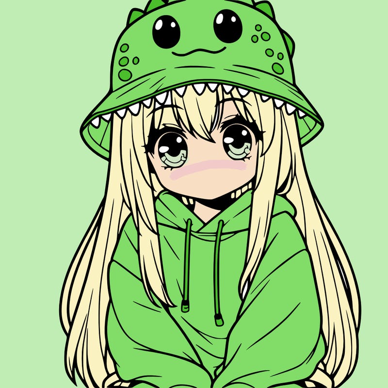 girl with anime shaped eyes with a dinosaur bucket hat oversized sweatshirt long straight hair