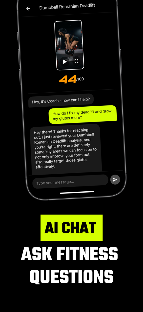 Gymscore app AI chat interface showing personalized workout feedback and form analysis for a deadlift exercise