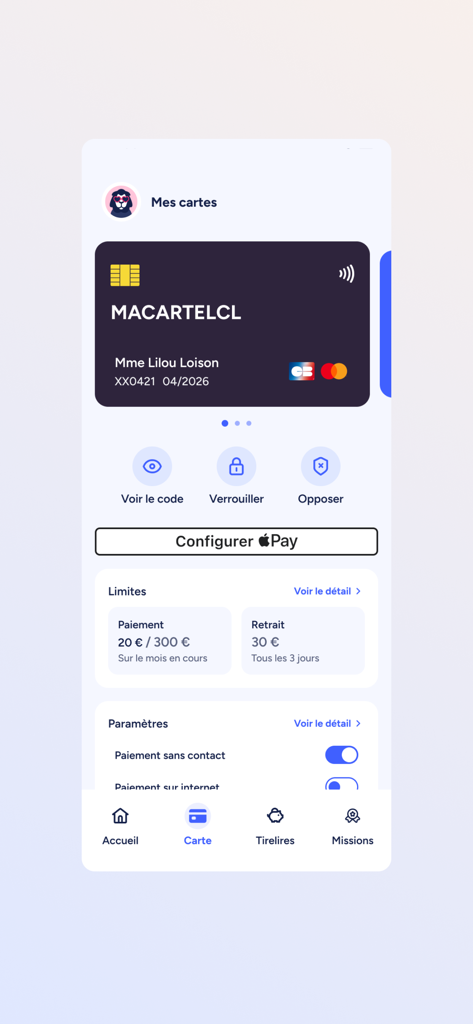 Interface de gestion de carte de l'application bancaire pour ados Mouv by LCL