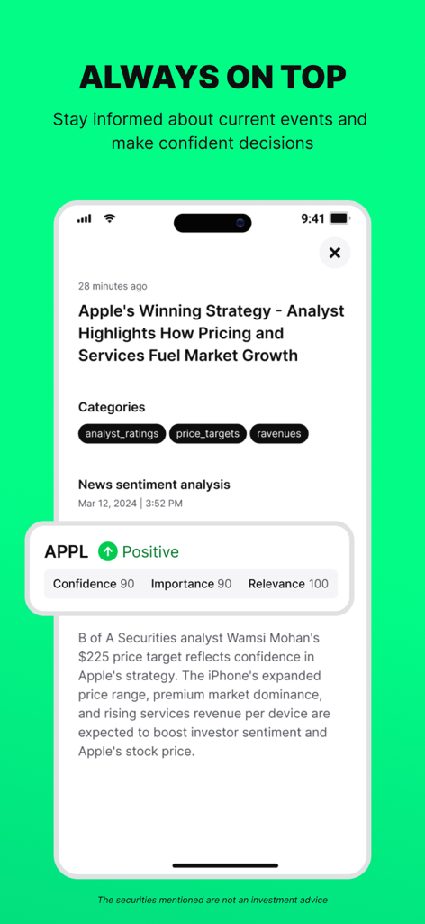 Streetbeat app screen showing AI-powered news sentiment analysis for Apple stock with high confidence scores
