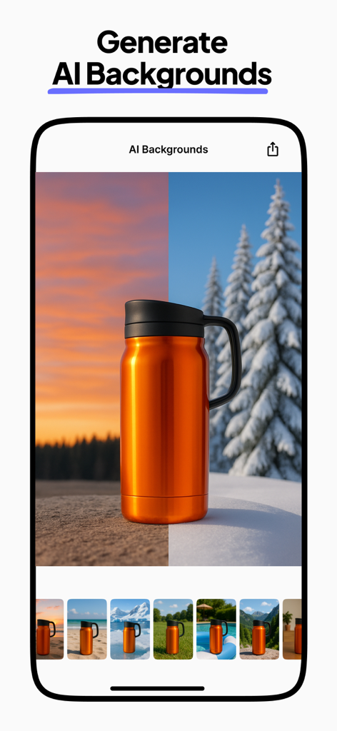 An orange travel mug shown with split-screen AI-generated backgrounds including a sunset and a snowy forest.