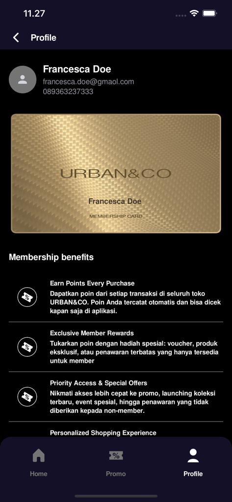 URBAN&CO Member - URBAN and CO Member app profile screen featuring a digital membership card and a list of loyalty program benefits