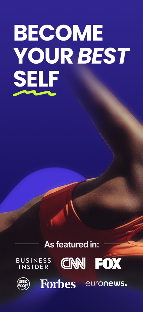 Onemor: Workout & Fitness App - Eslogan de la app de fitness Onemor: Conviértete en tu mejor yo, con logotipos de medios destacados como Forbes y CNN.