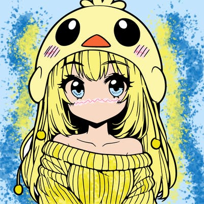 anime girl with chick shaped hat with sweater with bare shoulders with bangs covering them one eye with low tail