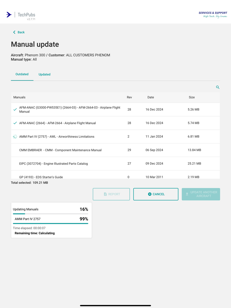 TechPubs Embraer - TechPubs Embraer app manual update screen showing a list of aviation manuals and a download progress bar