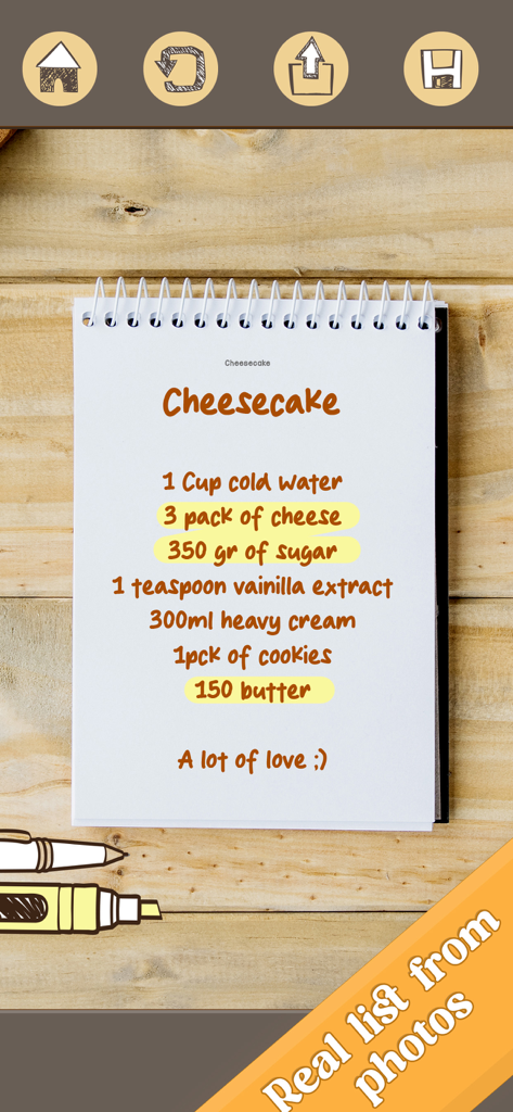 Grocery List - Shopping Simple - Lista de la compra digital de ingredientes para tarta de queso con resaltados