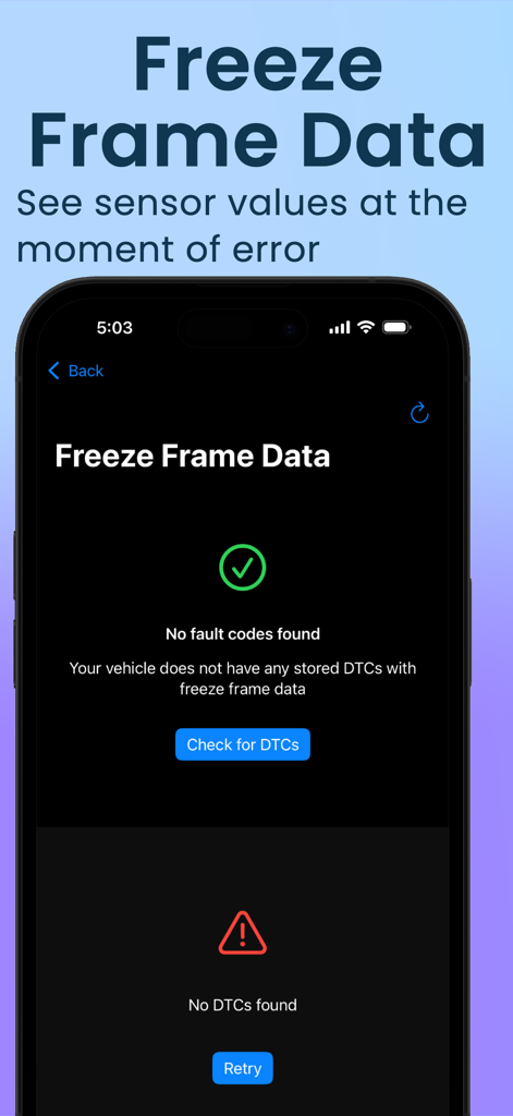 Interface of the Torque Pro app showing the Freeze Frame Data screen for vehicle diagnostics