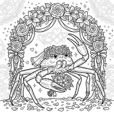 Get ready to color a charming snow crab as it celebrates its special wedding day, complete with a bridal veil, floral crown, and a beautiful bouquet. This enchanting design, featuring elegant floral arches and intricate details, offers a delightful coloring adventure for teens.