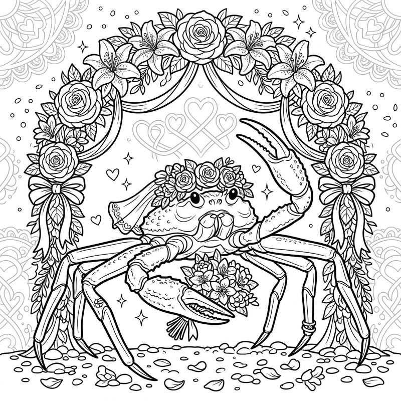 Get ready to color a charming snow crab as it celebrates its special wedding day, complete with a bridal veil, floral crown, and a beautiful bouquet. This enchanting design, featuring elegant floral arches and intricate details, offers a delightful coloring adventure for teens.