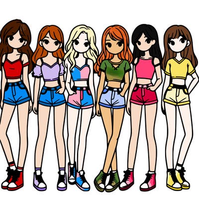a group of girls wearing crop tops and shorts