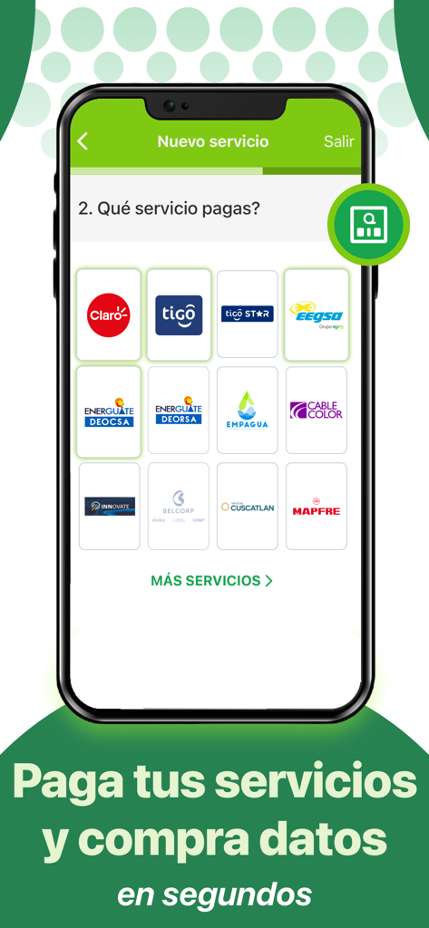 Banco Azteca Guatemala - Pantalla de la aplicación Banco Azteca Guatemala que muestra opciones para el pago de servicios públicos y recargas de datos móviles.