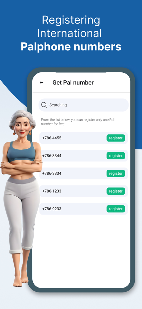 Palphone - Interface of the Palphone app showing a list of available international virtual numbers for registration.