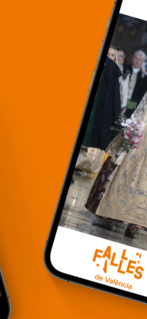 Ofrenda 2026 - 伝統的なパレード参加者とファジェス・デ・バレンシアのロゴを表示するモバイルアプリ画面