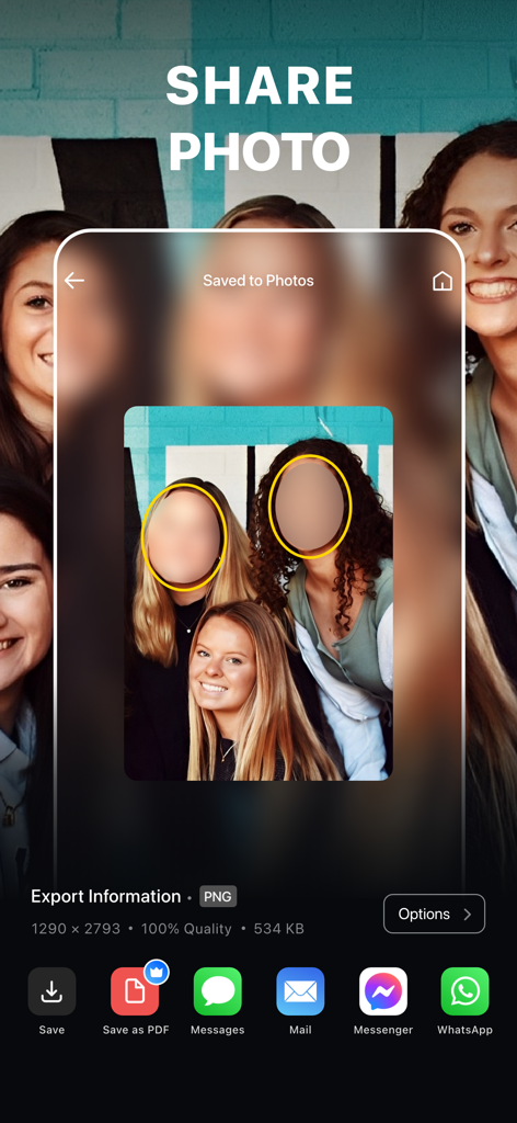 Blur Photo Editor - Benutzeroberfläche der mobilen App, die den Teilen-Bildschirm mit Optionen zum Exportieren eines Fotos mit zensierten Gesichtern auf verschiedene Plattformen zeigt