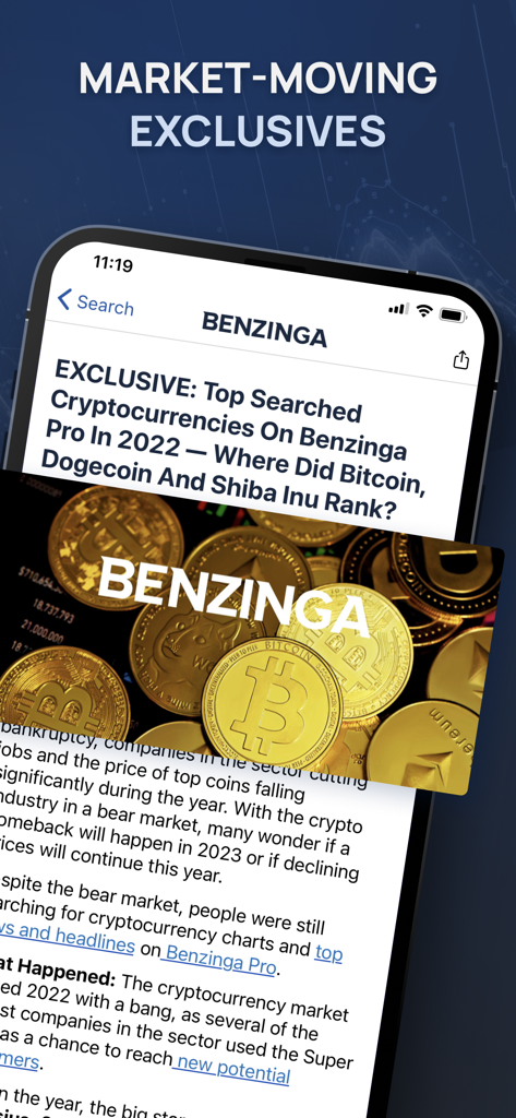 Benzinga app showing an exclusive article about top searched cryptocurrencies like Bitcoin and Dogecoin.
