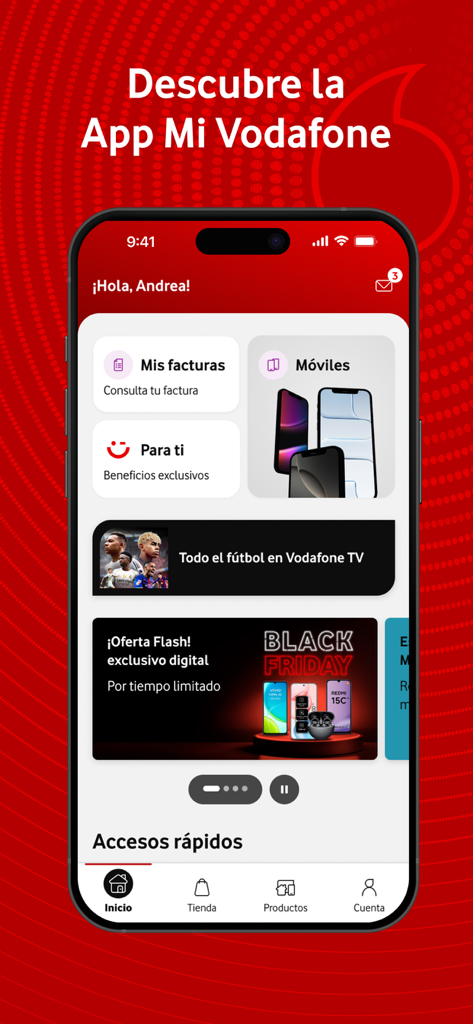 Pantalla de inicio de la app Mi Vodafone mostrando un panel de usuario personalizado con opciones de facturación y servicios móviles