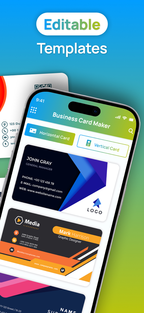 Business Card Maker : Editor - Una interfaz de aplicación móvil que muestra múltiples plantillas de tarjetas de presentación profesionales para que los usuarios personalicen.