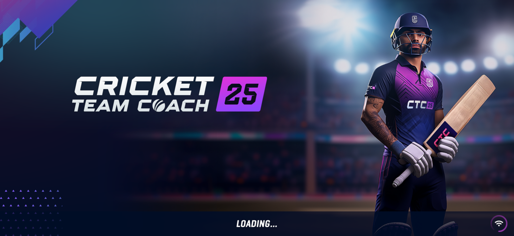Cricket Team Coach - Écran de titre de Cricket Team Coach 2025 avec un joueur de cricket professionnel dans un stade.