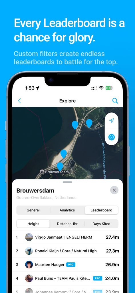 WOO Sports - WOO Sports app leaderboard showing kiteboarding jump heights on a map