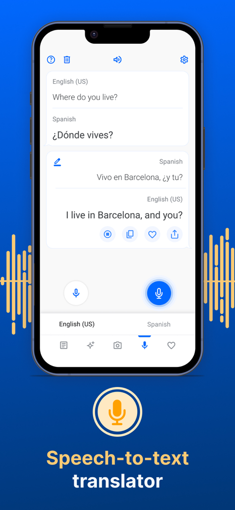 Smartphone screen displaying the Translator GO app with real-time speech to text translation between English and Spanish