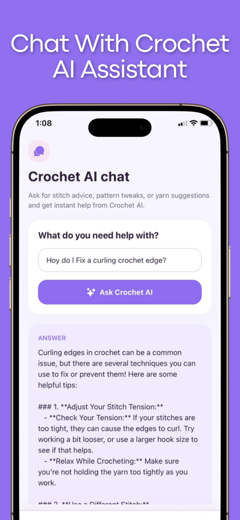 Crochet AI chat interface showing advice for fixing curling crochet edges