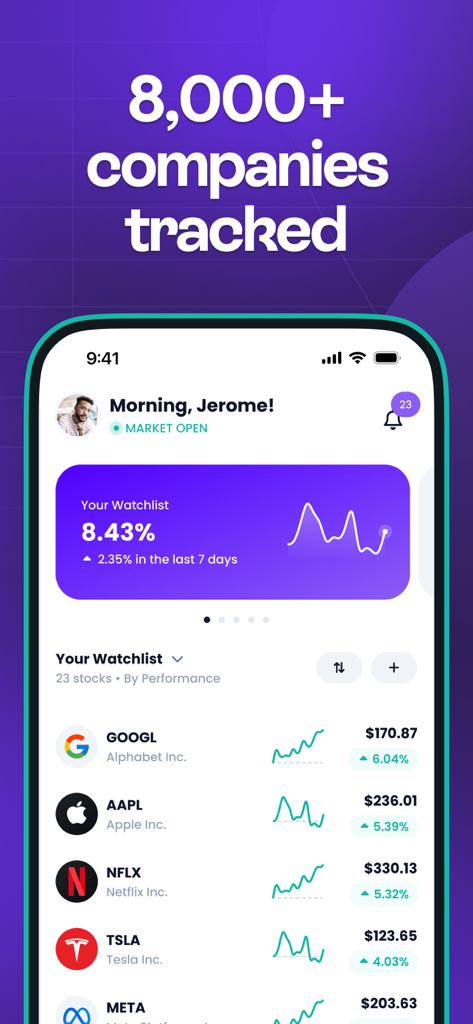 Cashu: Investing Ideas - Painel do aplicativo Cashu mostrando uma lista de observação de ações com gráficos de desempenho de empresas como Google, Apple e Tesla sob um título mencionando mais de 8.000 empresas rastreadas.