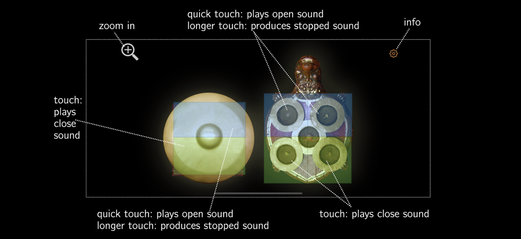 Ketuk Cengceng - Una pantalla de instrucciones que muestra controles táctiles para tocar los instrumentos Ketuk y Cengceng