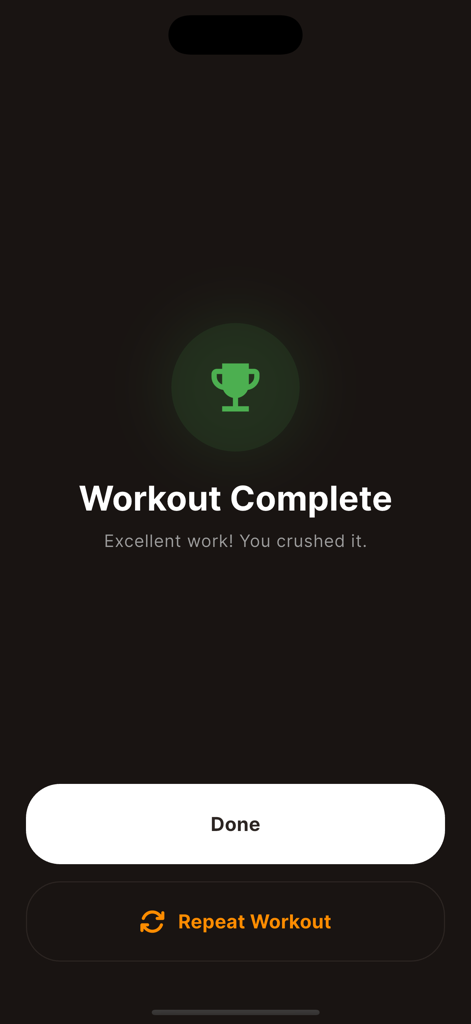 New Interval Timer - Workout complete screen with a green trophy icon and options to finish or repeat the session