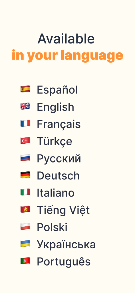 A list of supported interface languages in the PeakTalk app including Spanish English French and more with flags