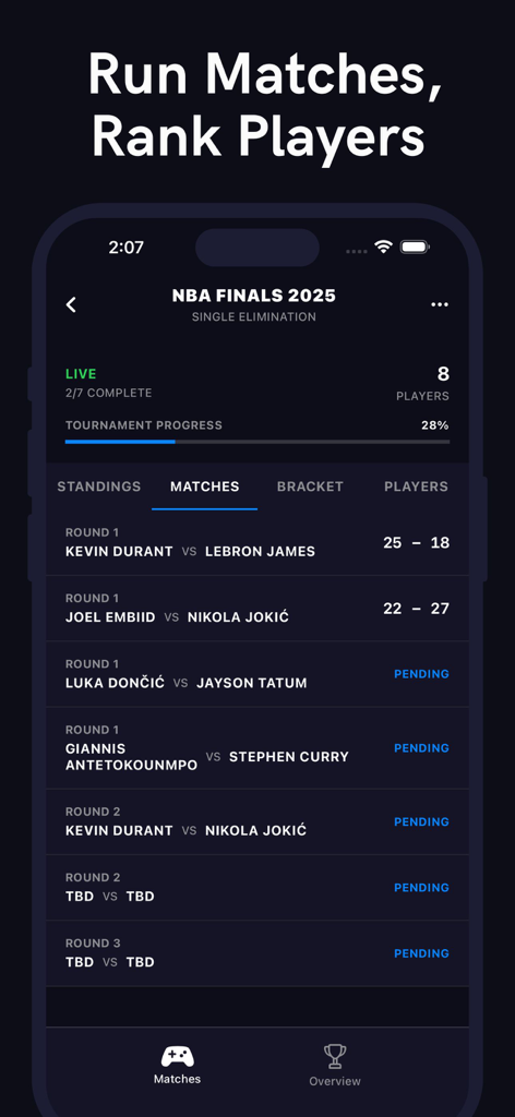 Interfaz de la aplicación de cuadros de torneo que muestra una lista de partidos con puntuaciones en vivo y seguimiento del progreso.