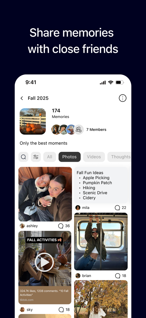Cove - Document Your Life - Interface of Cove app showing a shared album titled Fall 2025 with photos and notes shared among friends.