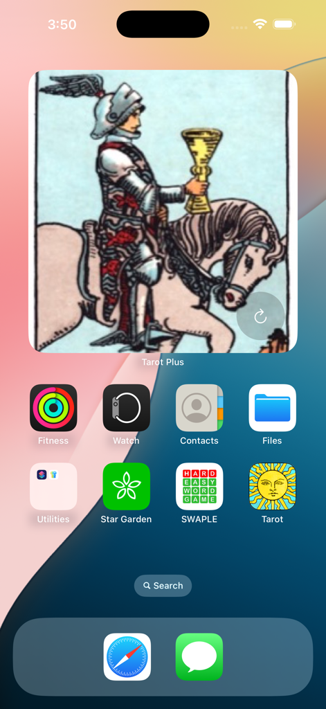 Mystic Tarot - Widget de la aplicación Mystic Tarot en la pantalla de inicio de un iPhone mostrando la carta del Caballero de Copas de la baraja Rider-Waite restaurada