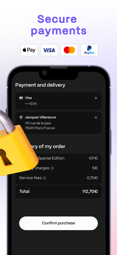 Voggt - Live shopping vidéo - Voggtアプリの安全な支払い画面。Apple PayやPayPalなどの支払い方法とチェックアウト概要が表示されます。