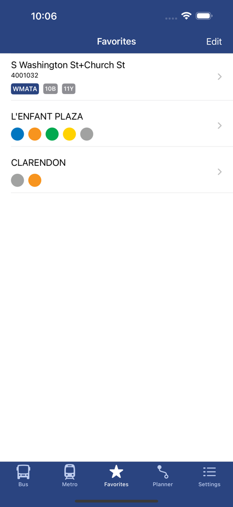 Favorites screen of the DC Metro and Bus app displaying saved metro stations and bus stops.