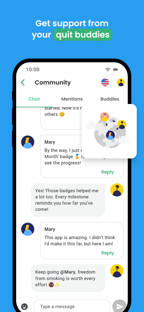 QuitNow app community chat interface showing messages of support from fellow ex-smokers.