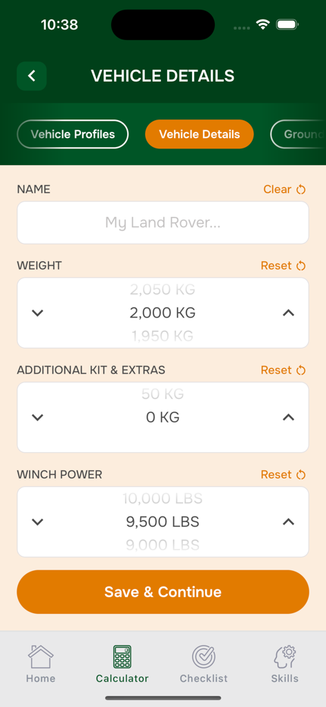 Pantalla de entrada de detalles del vehículo para la calculadora de recuperación de la aplicación WINCH