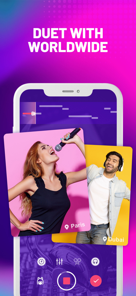 StarMaker app interface showing the duet feature connecting singers from Paris and Dubai