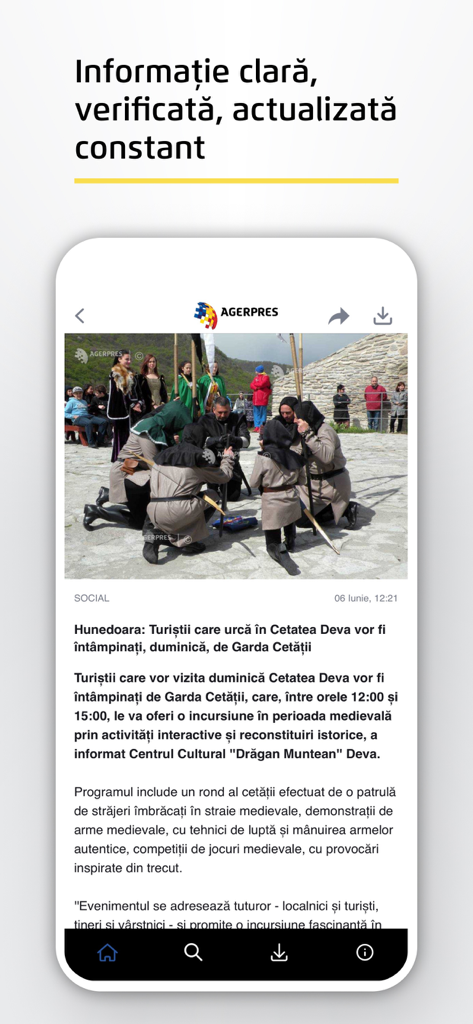 AGERPRES - Screenshot of the AGERPRES mobile app showing a detailed news article in Romanian about Deva Fortress
