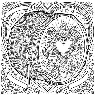 Celebrate love and rhythm with this unique Valentine's Day bass drum coloring page. Adorned with romantic hearts, delicate roses, and playful cherubs, it's perfect for a creative and heartwarming activity.