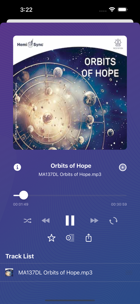 Interfaz del reproductor de música de la aplicación Hemi-Sync Flow mostrando una pista de meditación titulada Orbits of Hope con arte de álbum cósmico.
