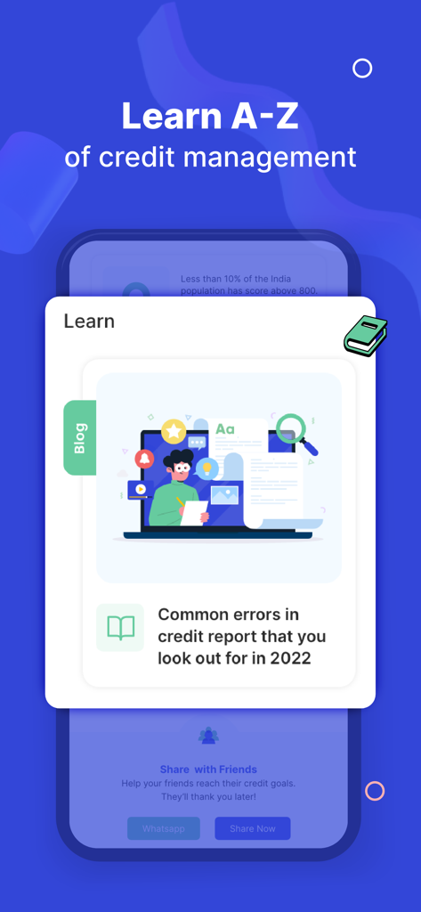 OneScore app screenshot showing educational blog posts and guides for credit score management